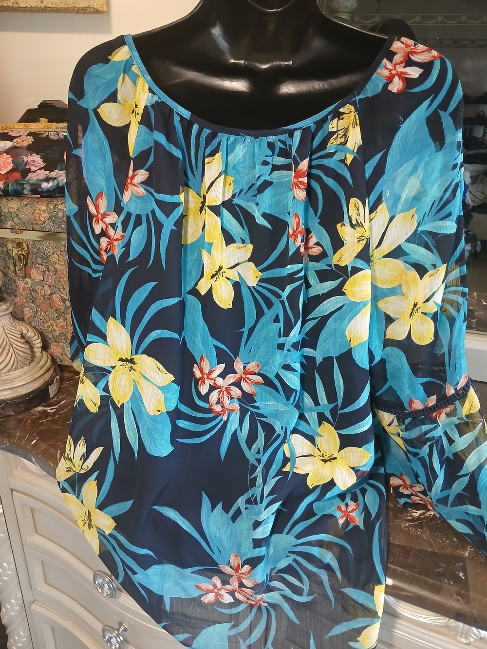 Women’s Navy Floral Tunic Top with Yellow & Teal Print - Picture 3 of 11